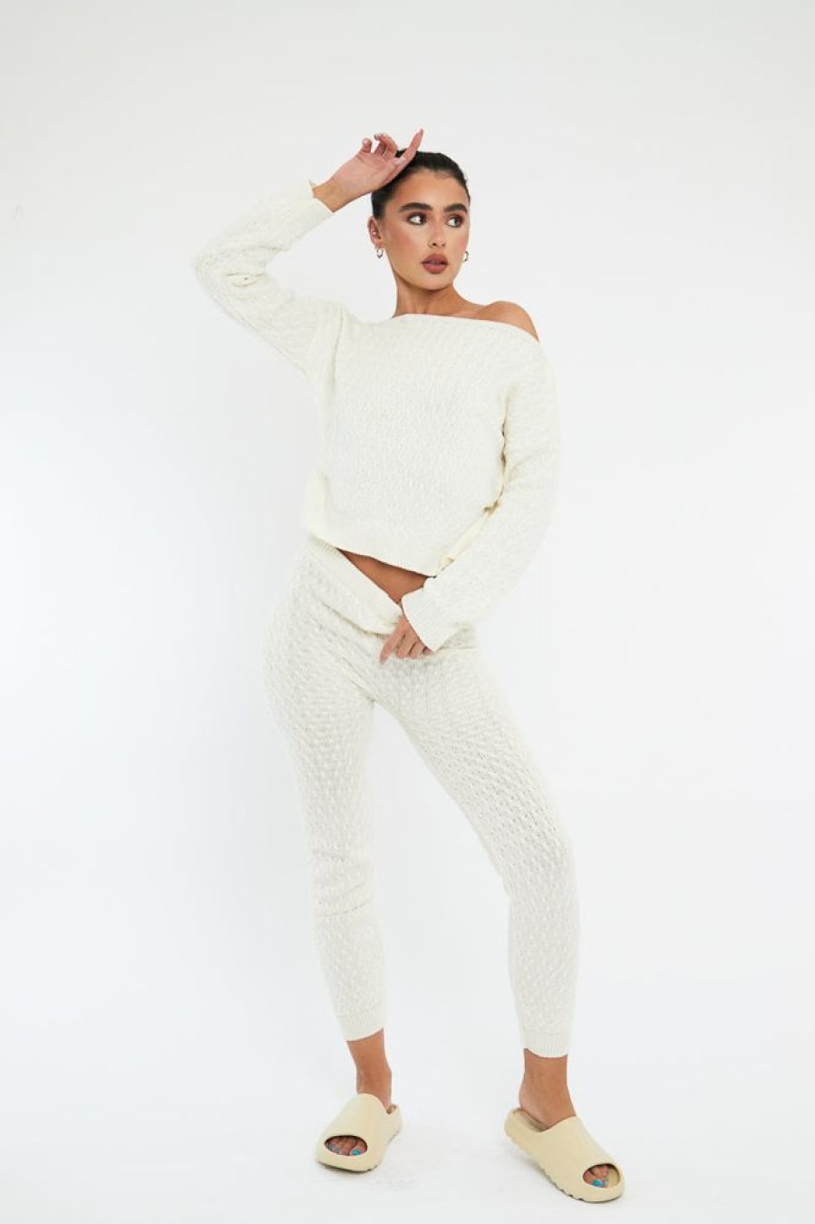 Clothing Rebellious Fashion | Cream Knit Cropped Jumper & Jogger Set - Kezzie