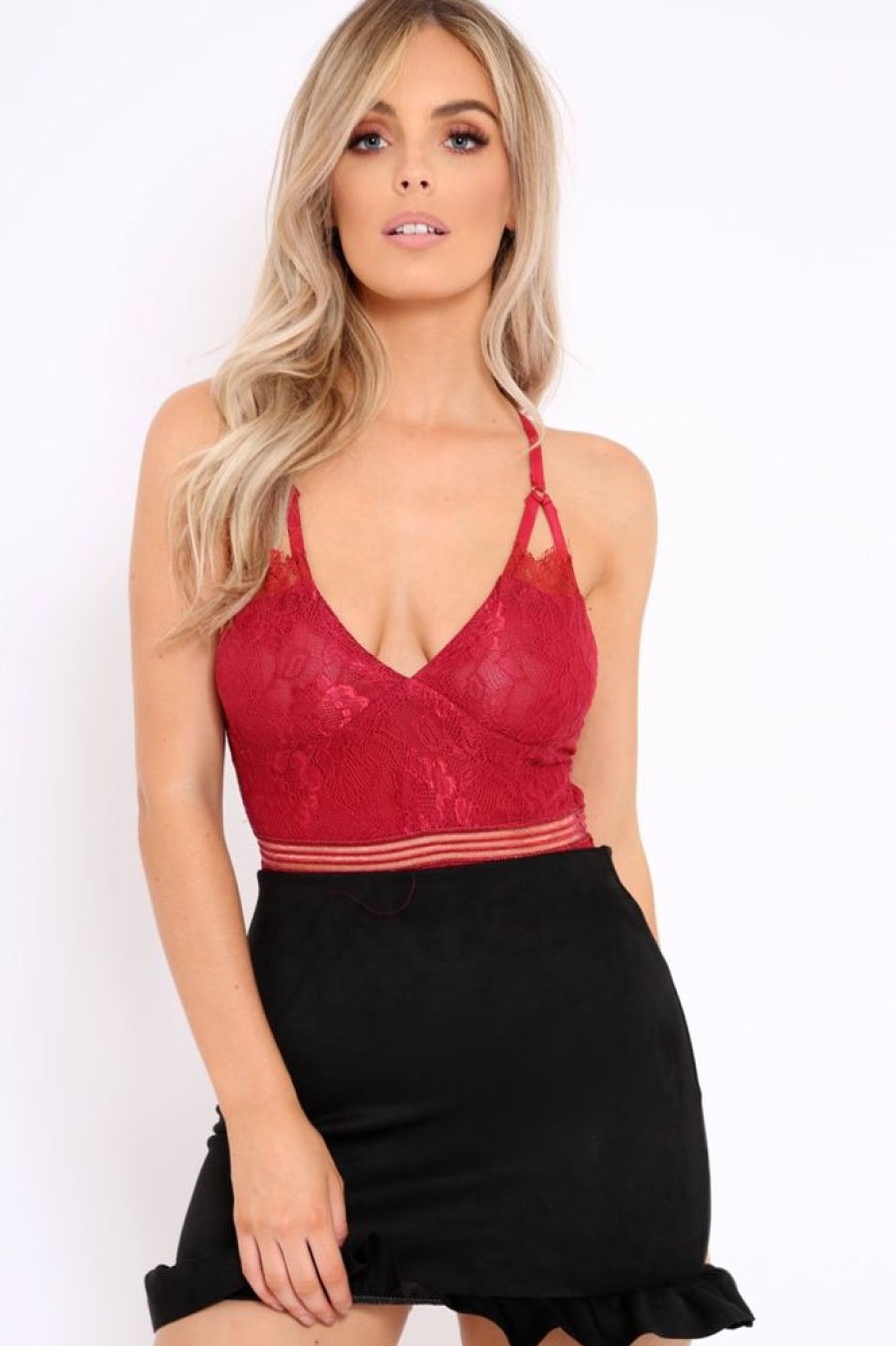 Clothing Rebellious Fashion | Burgundy Lace Open Back Bodysuit - Naomie