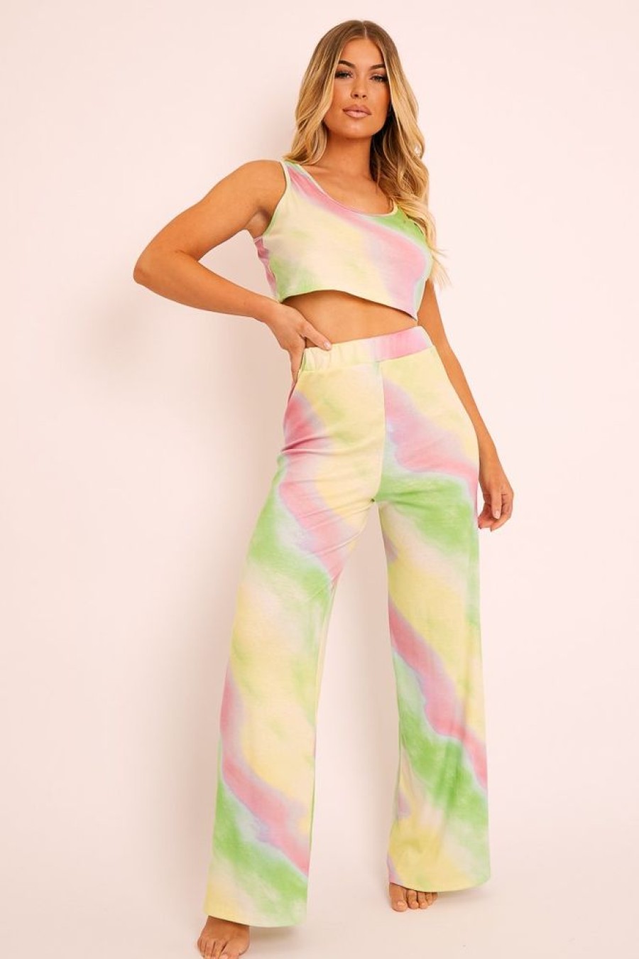 Clothing Rebellious Fashion | Green Tie-Dye Ribbed Vest Loungewear Co-Ord - Alaire