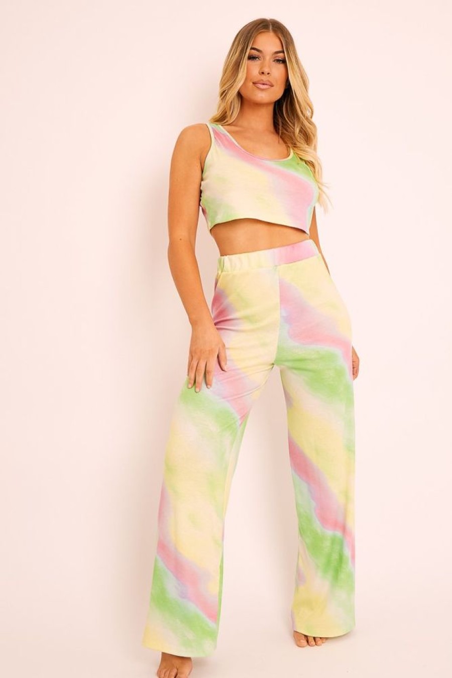 Clothing Rebellious Fashion | Green Tie-Dye Ribbed Vest Loungewear Co-Ord - Alaire