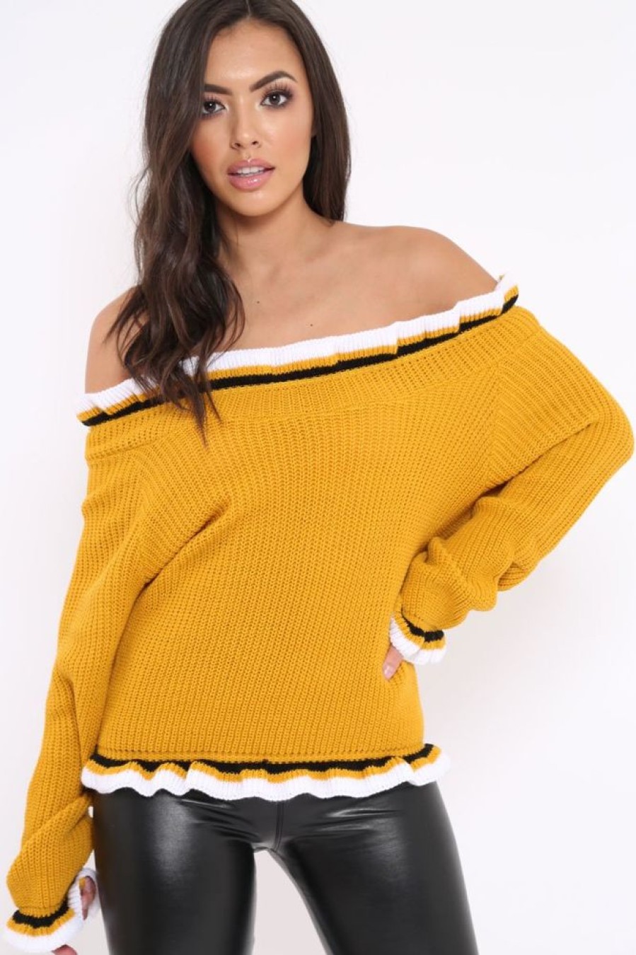 Clothing Rebellious Fashion | Mustard Stripe Bardot Knitted Jumper - Bailey