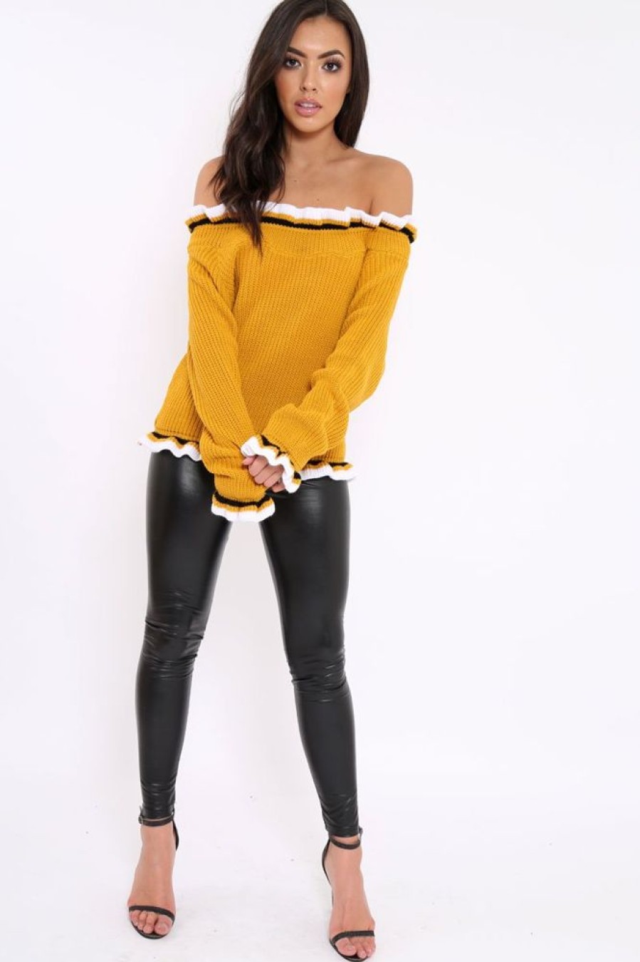 Clothing Rebellious Fashion | Mustard Stripe Bardot Knitted Jumper - Bailey