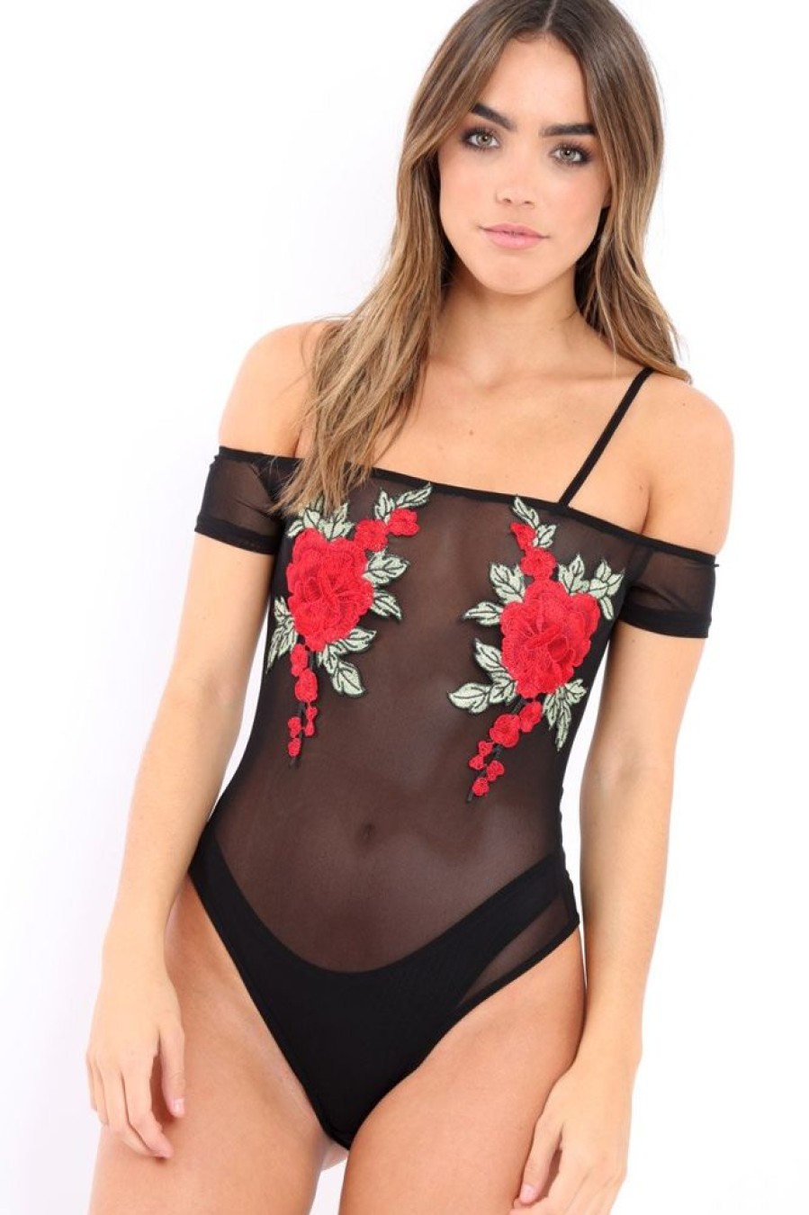 Clothing Rebellious Fashion | Black Mesh Flower Applique Bodysuit - Sabella