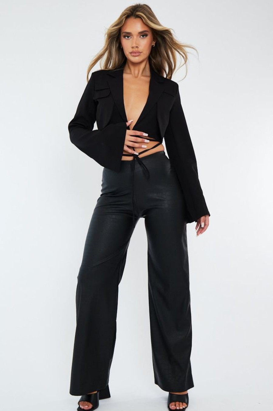 Clothing Rebellious Fashion | Black Pu Croc Leather Straight Leg Trousers - Sevyn