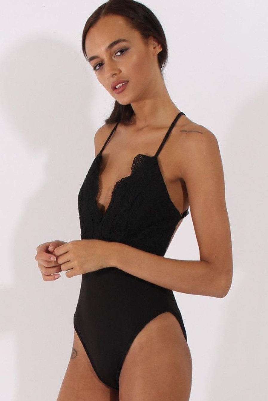 Clothing Rebellious Fashion | Black Crochet Cross Back Bodysuit - Crecia