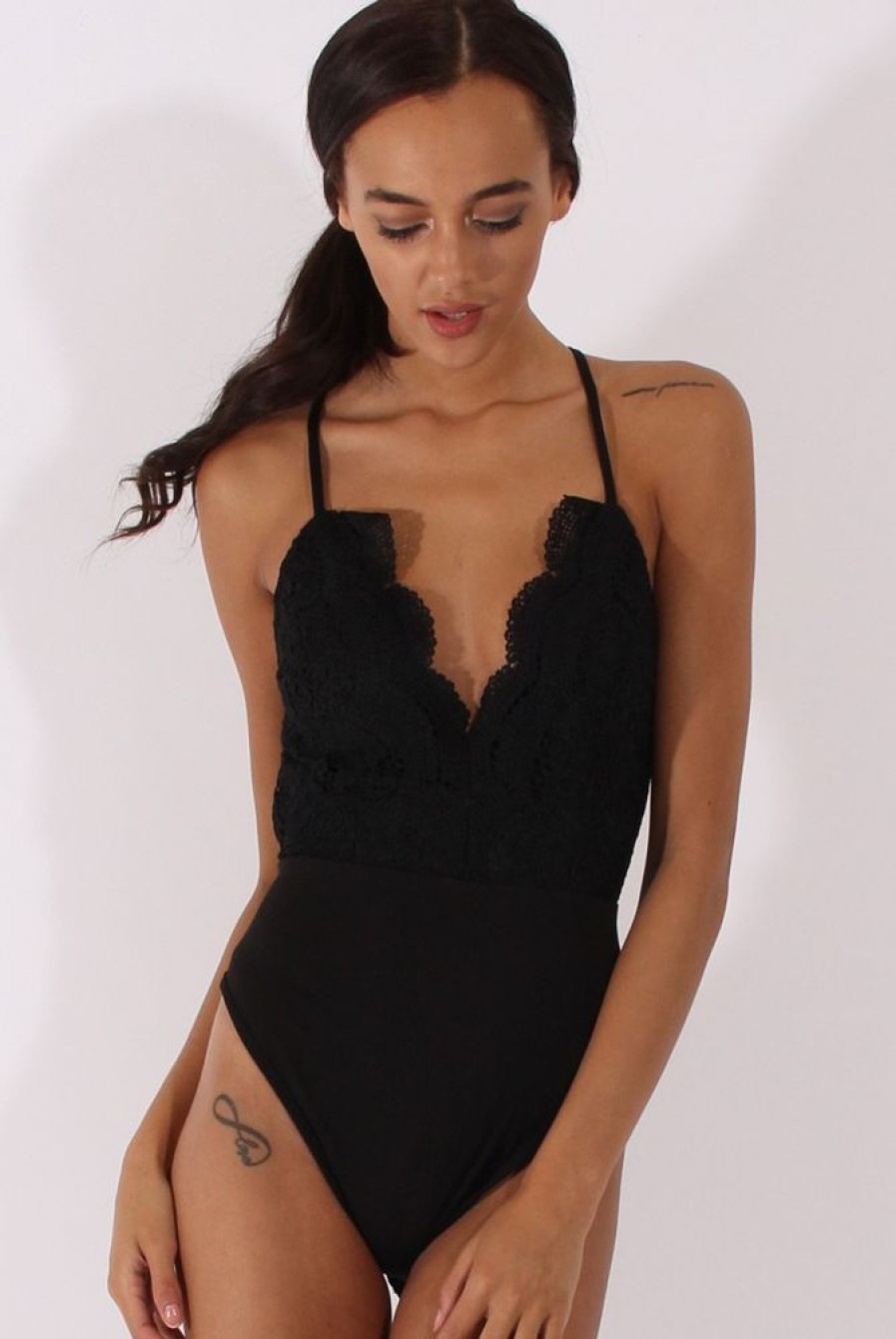 Clothing Rebellious Fashion | Black Crochet Cross Back Bodysuit - Crecia