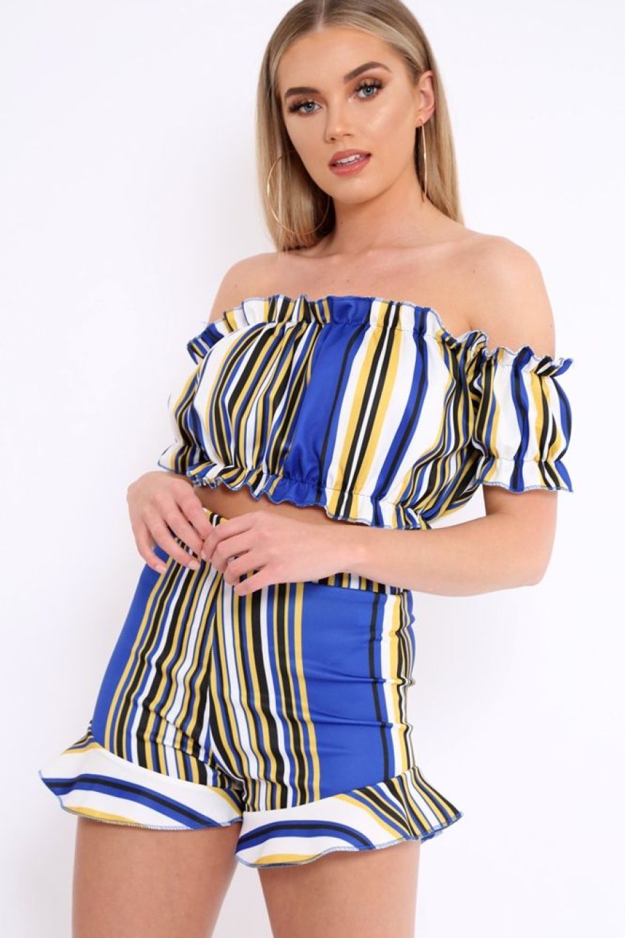 Clothing Rebellious Fashion | Blue And Mustard Stripe Ruffle Bardot Bralet And Shorts Co-Ord - Zia