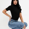 Clothing Rebellious Fashion | Black Slinky High Neck Ruched Side Bodysuit - Avea