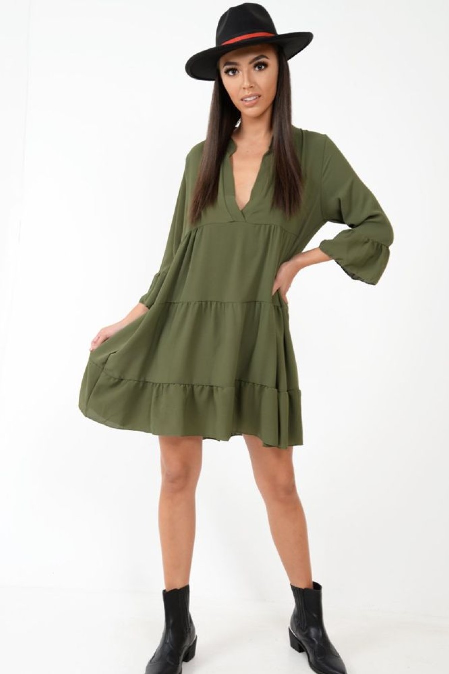 Clothing Rebellious Fashion | Khaki Tiered Ruffle Shift Dress - Abri