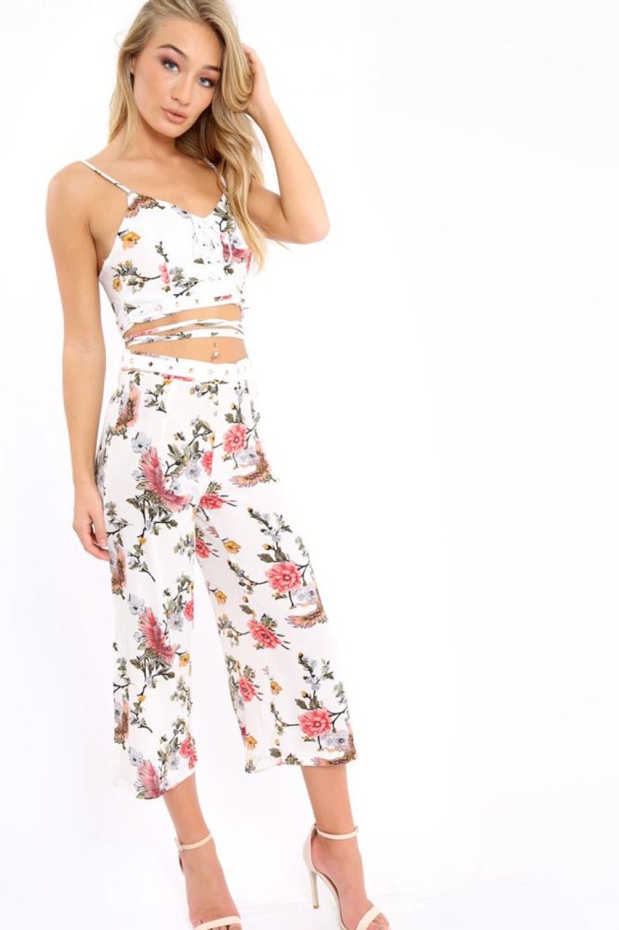 Clothing Rebellious Fashion | White Floral Cullotes - Destini