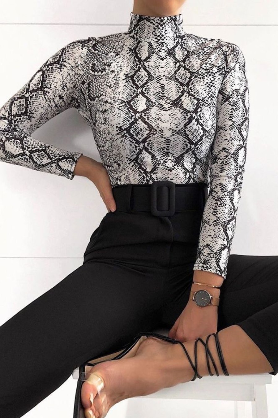 Clothing Rebellious Fashion | White Snake Print High Neck Long Sleeve Bodysuit - Evanna