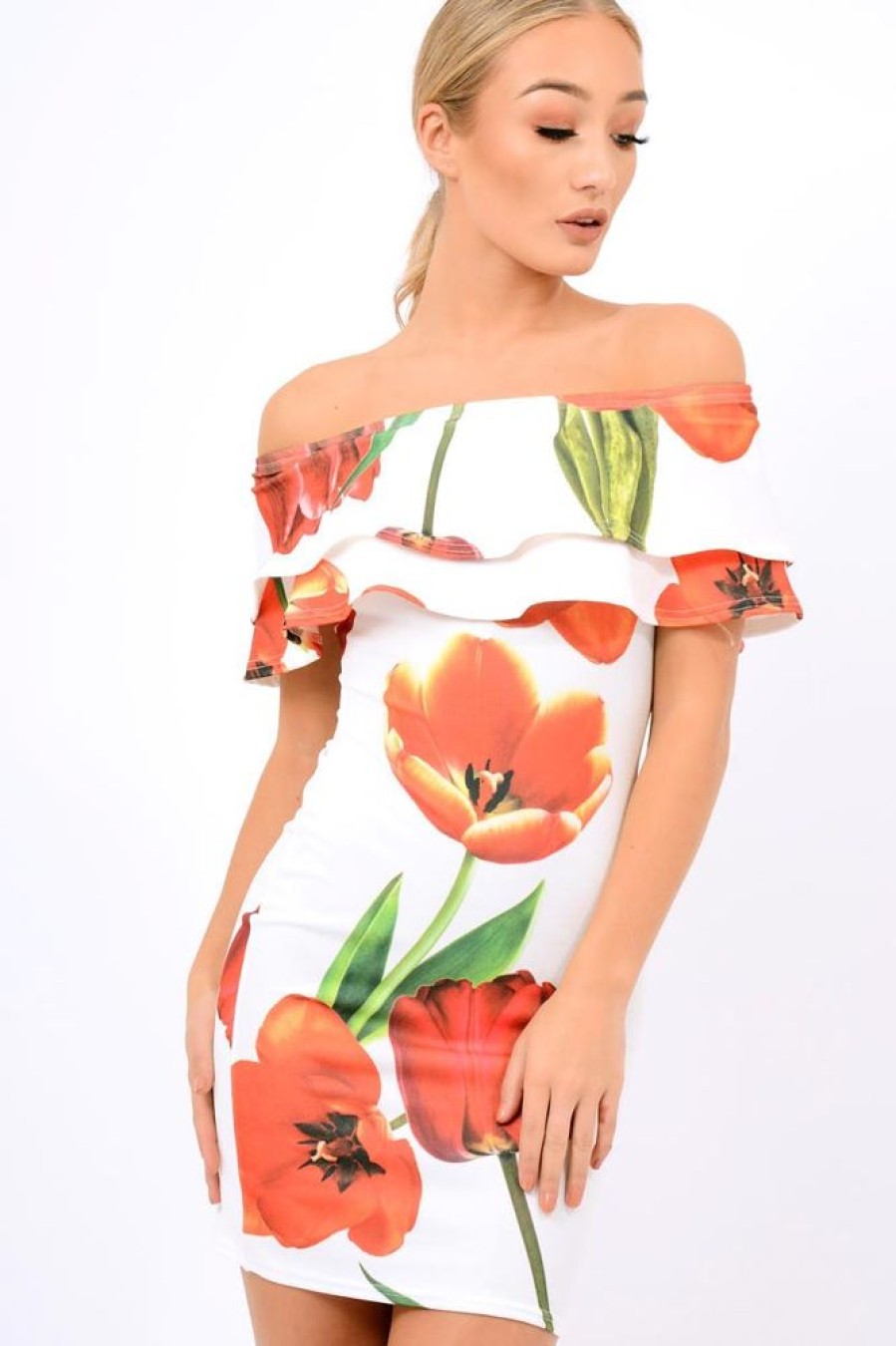 Clothing Rebellious Fashion | White Tulip Bardot Bodycon Dress - Kelis