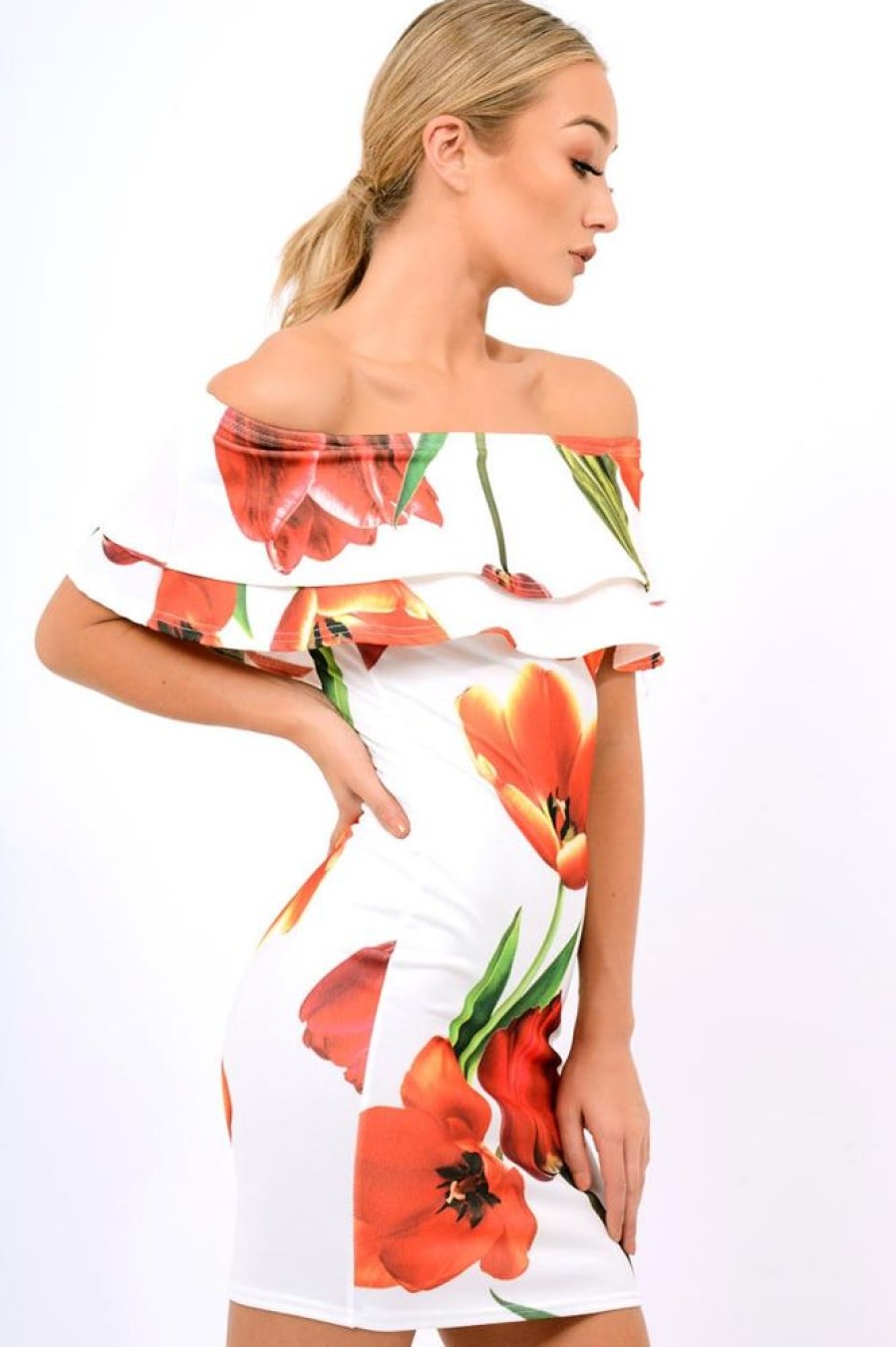 Clothing Rebellious Fashion | White Tulip Bardot Bodycon Dress - Kelis