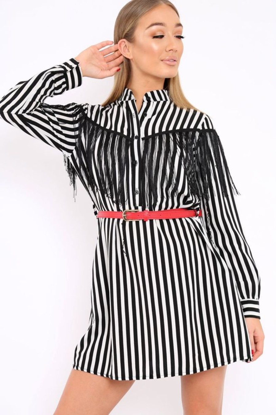 Clothing Rebellious Fashion | Black Stripe Tassel Shirt Dress -Imo