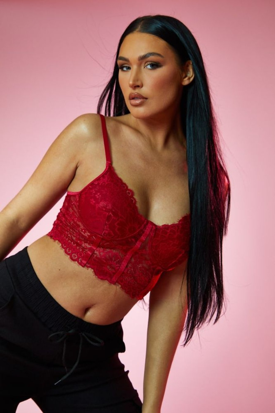 Clothing Rebellious Fashion | Red Lace Corset Cropped Top - Jewel