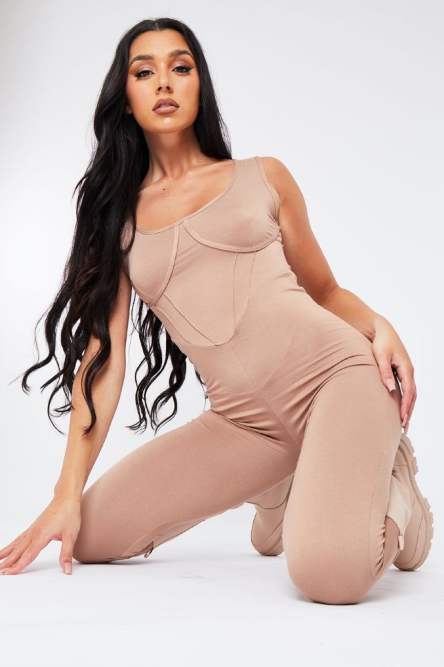 Clothing Rebellious Fashion | Mocha Corset Detail Jersey Jumpsuit - Vienna