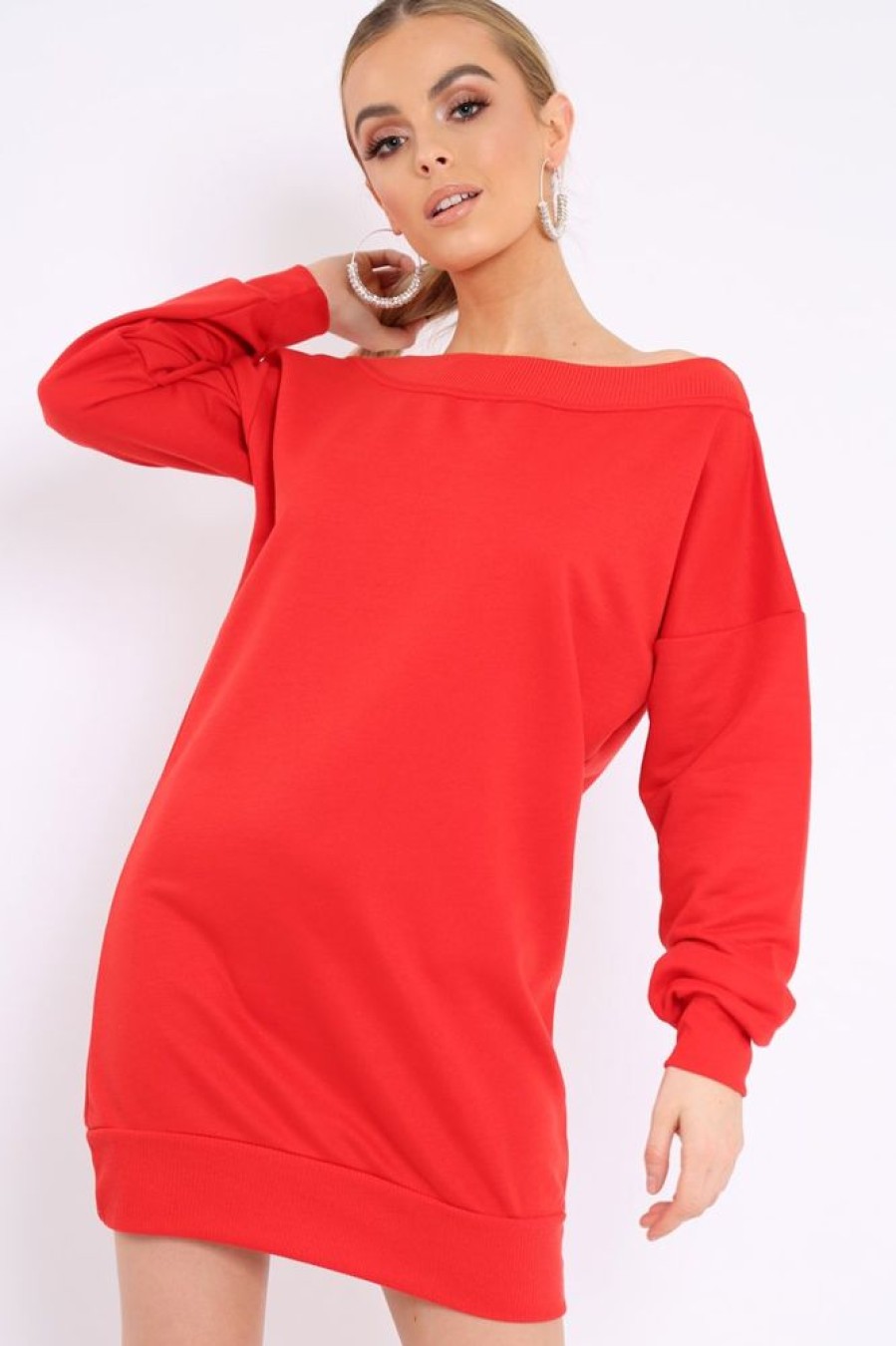 Clothing Rebellious Fashion | Red Bardot Sweater Dress - Ariel