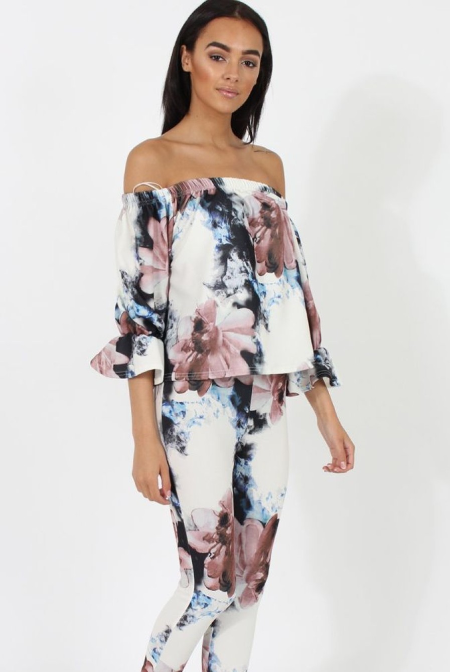 Clothing Rebellious Fashion | Navy & Blush Floral Off The Shoulder Co-Ord- Lydia