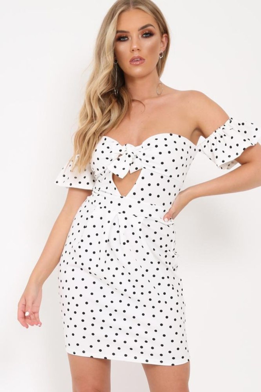 Clothing Rebellious Fashion | White Polka Dot Cut Out Bow Bardot Dress - Fariah