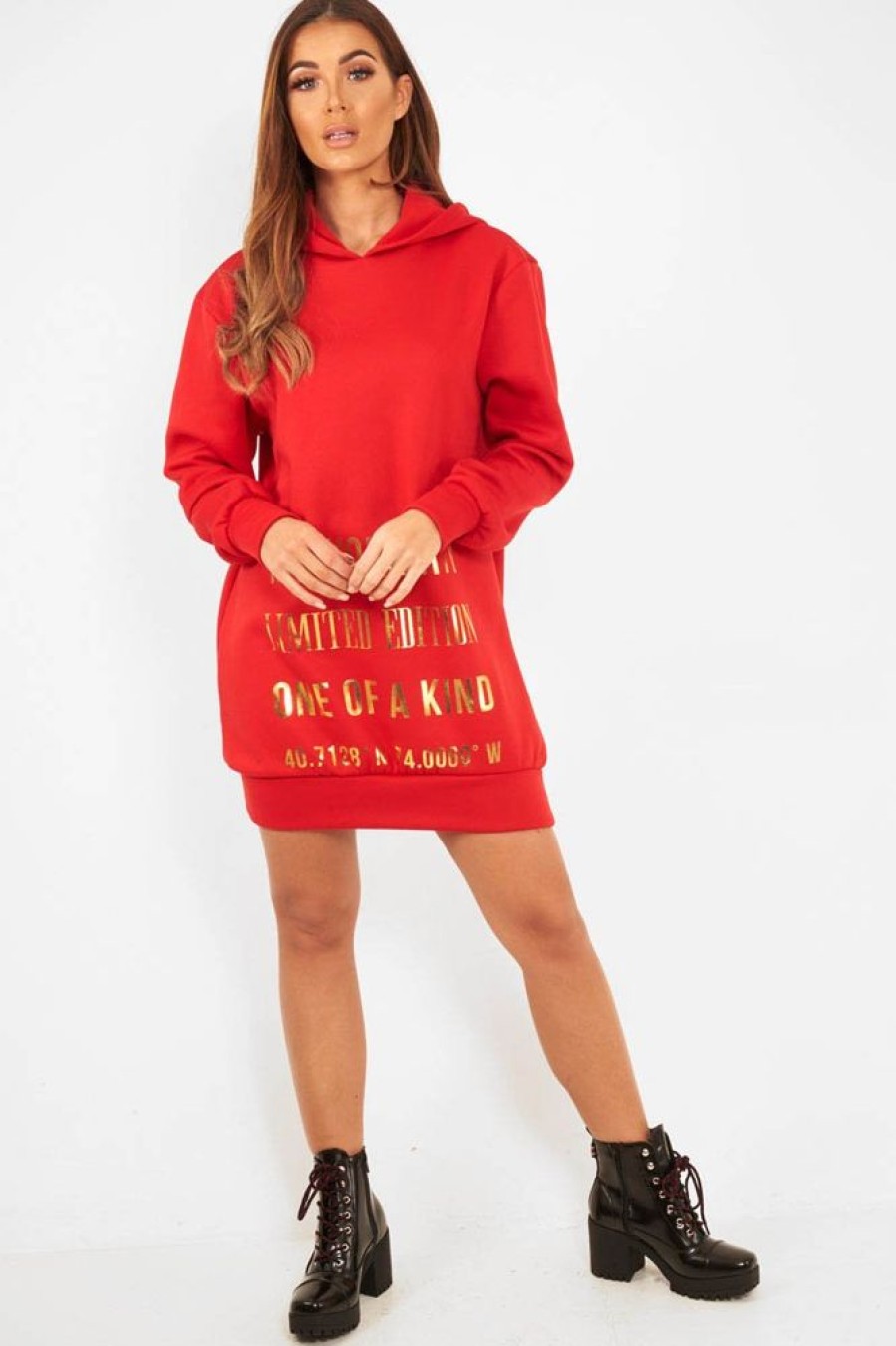 Clothing Rebellious Fashion | Red Gold New York Slogan Hoodie Dress - Sophira