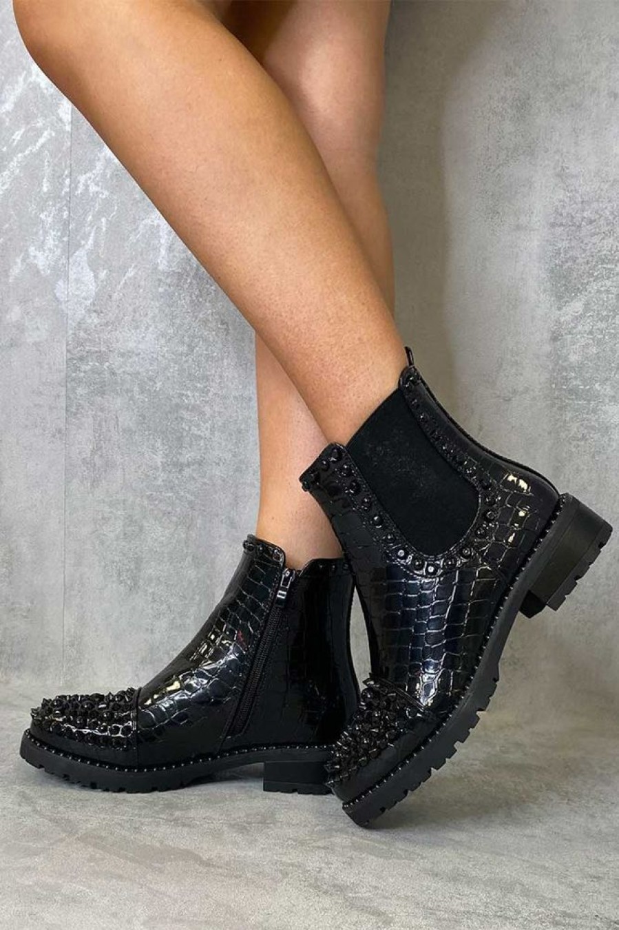 Shoes Rebellious Fashion | Black Patent Croc Stud Chelsea Boots - Taegan