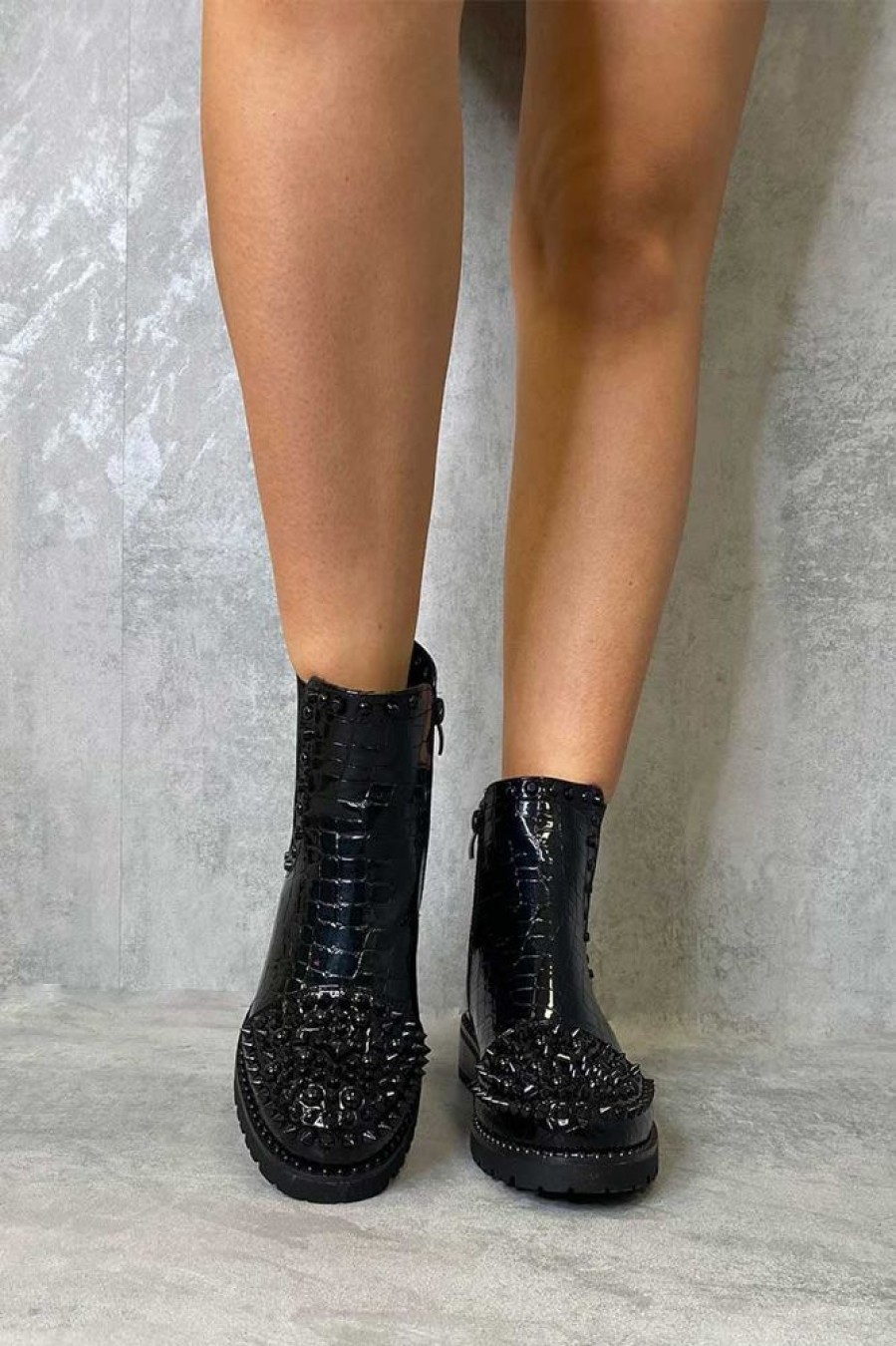 Shoes Rebellious Fashion | Black Patent Croc Stud Chelsea Boots - Taegan