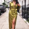 Clothing Rebellious Fashion | Olive Satin Plunge Wrap Front Maxi Dress - Beni