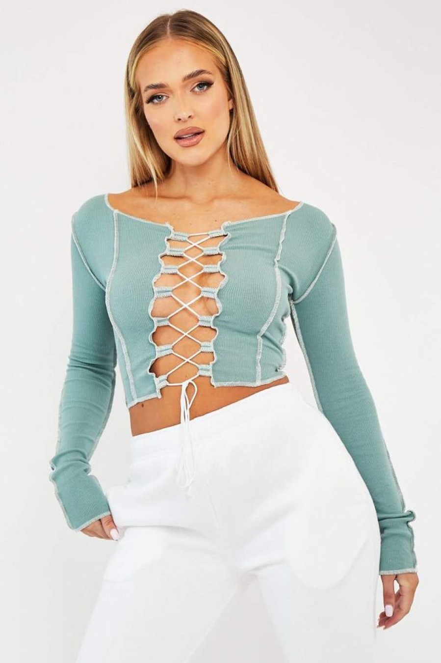 Clothing Rebellious Fashion | Sage Lace Up Contrast Stitch Long Sleeve Crop Top - Mitzi