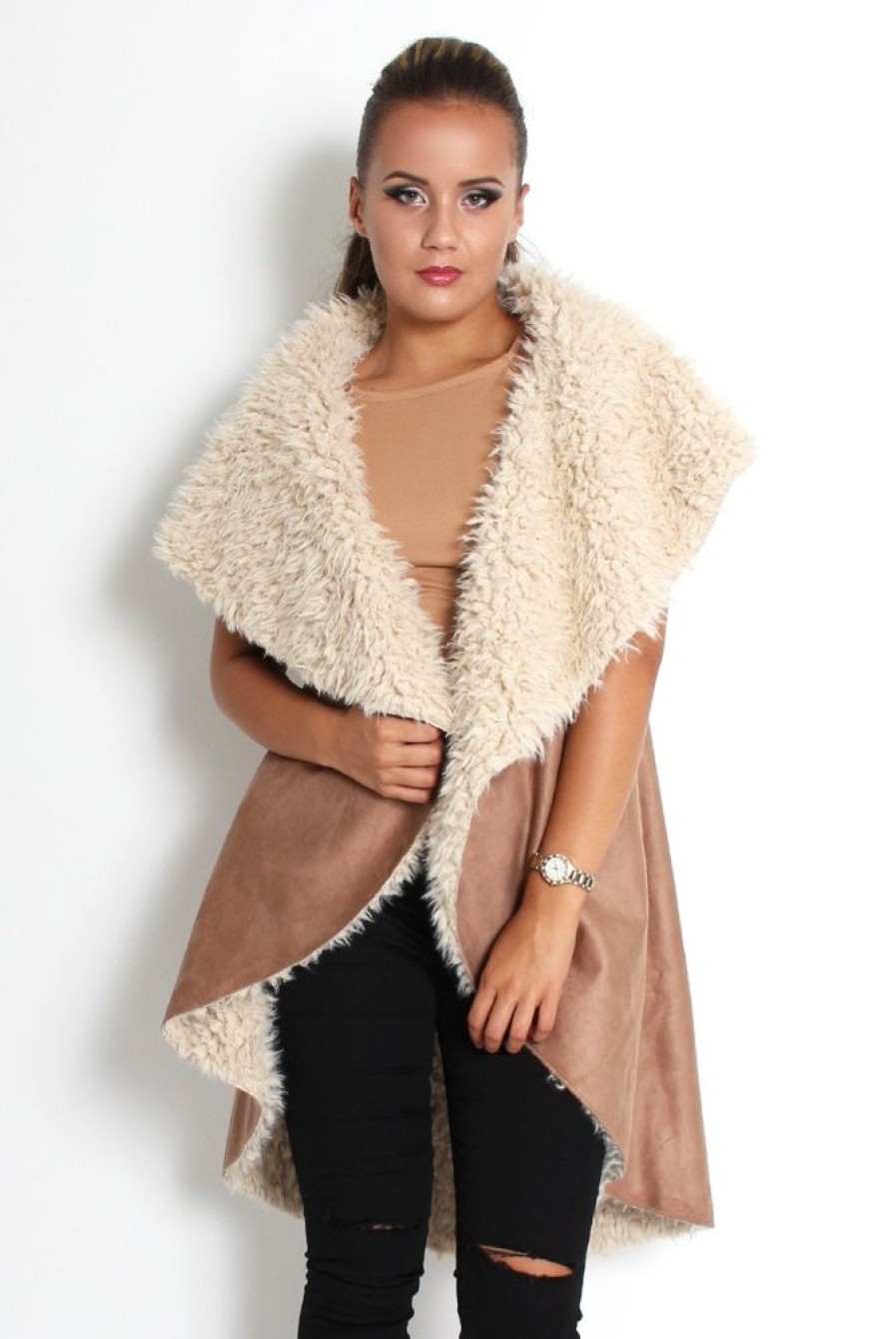 Clothing Rebellious Fashion | Marissa Camel Suede Fur Lined Gillet