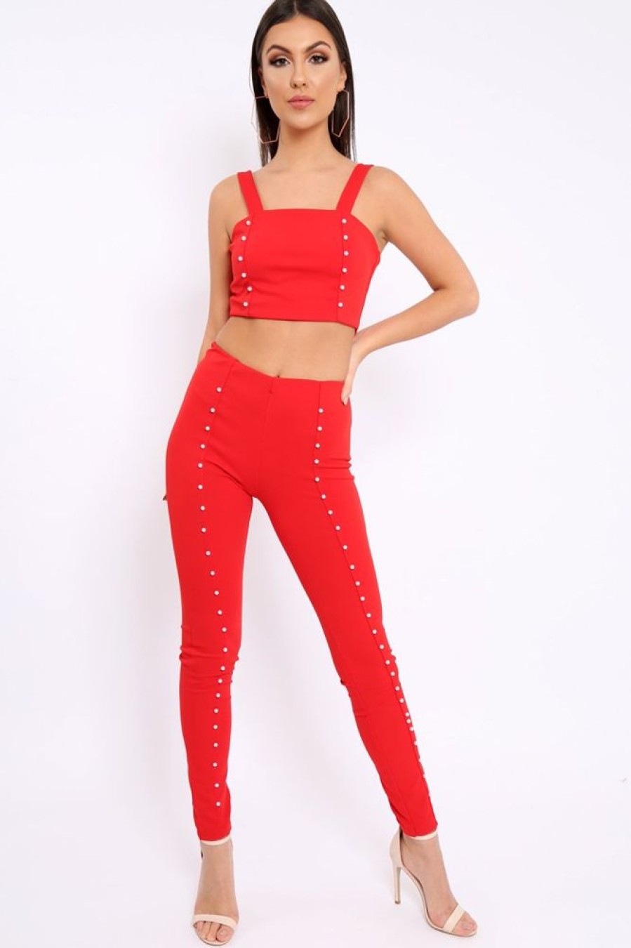 Clothing Rebellious Fashion | Red With Pearls Crop Top And Trousers Co-Ord - Meridith