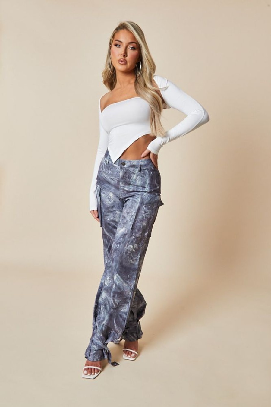 Clothing Rebellious Fashion | Grey Abstract Print Tie Hem Cargo Trousers - Fern