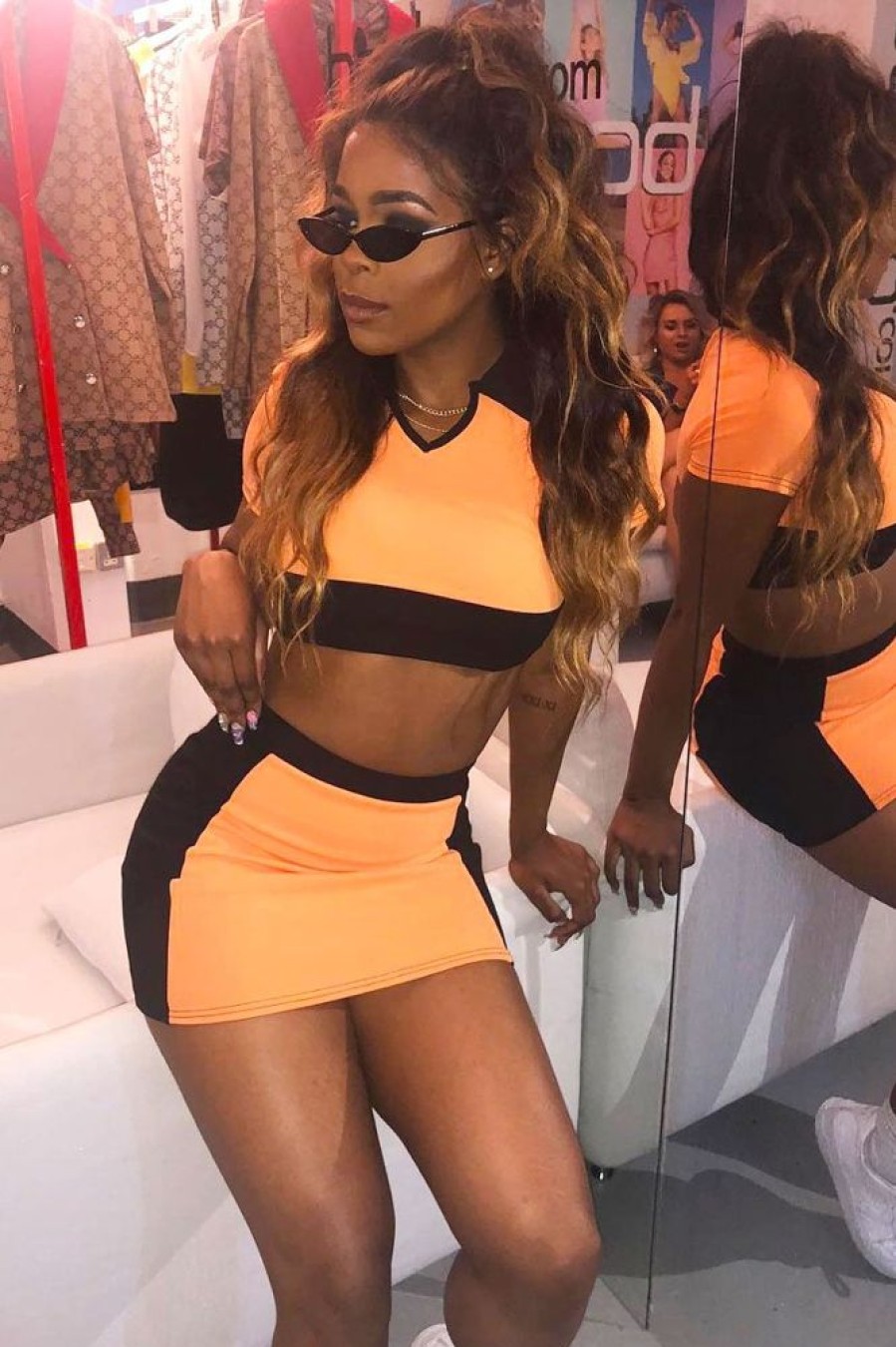 Clothing Rebellious Fashion | Orange And Black Crop Top And Mini Skirt Co-Ord - Kasie