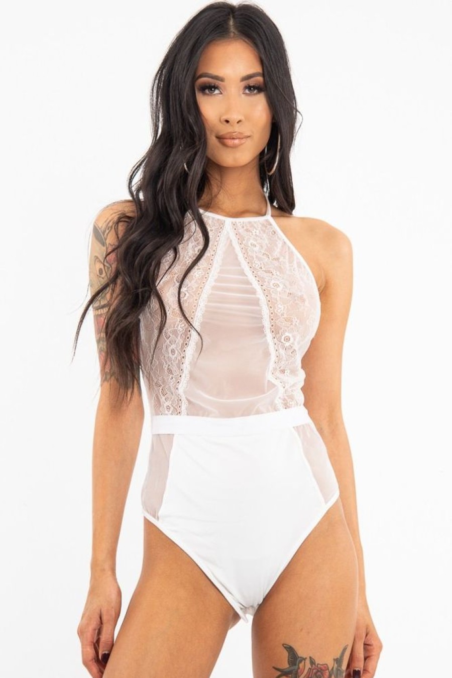 Clothing Rebellious Fashion | White Sheer Lace High Neck Bodysuit - Joules