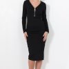 Clothing Rebellious Fashion | Black Ribbed Zip Front Midi Dress- Kacee