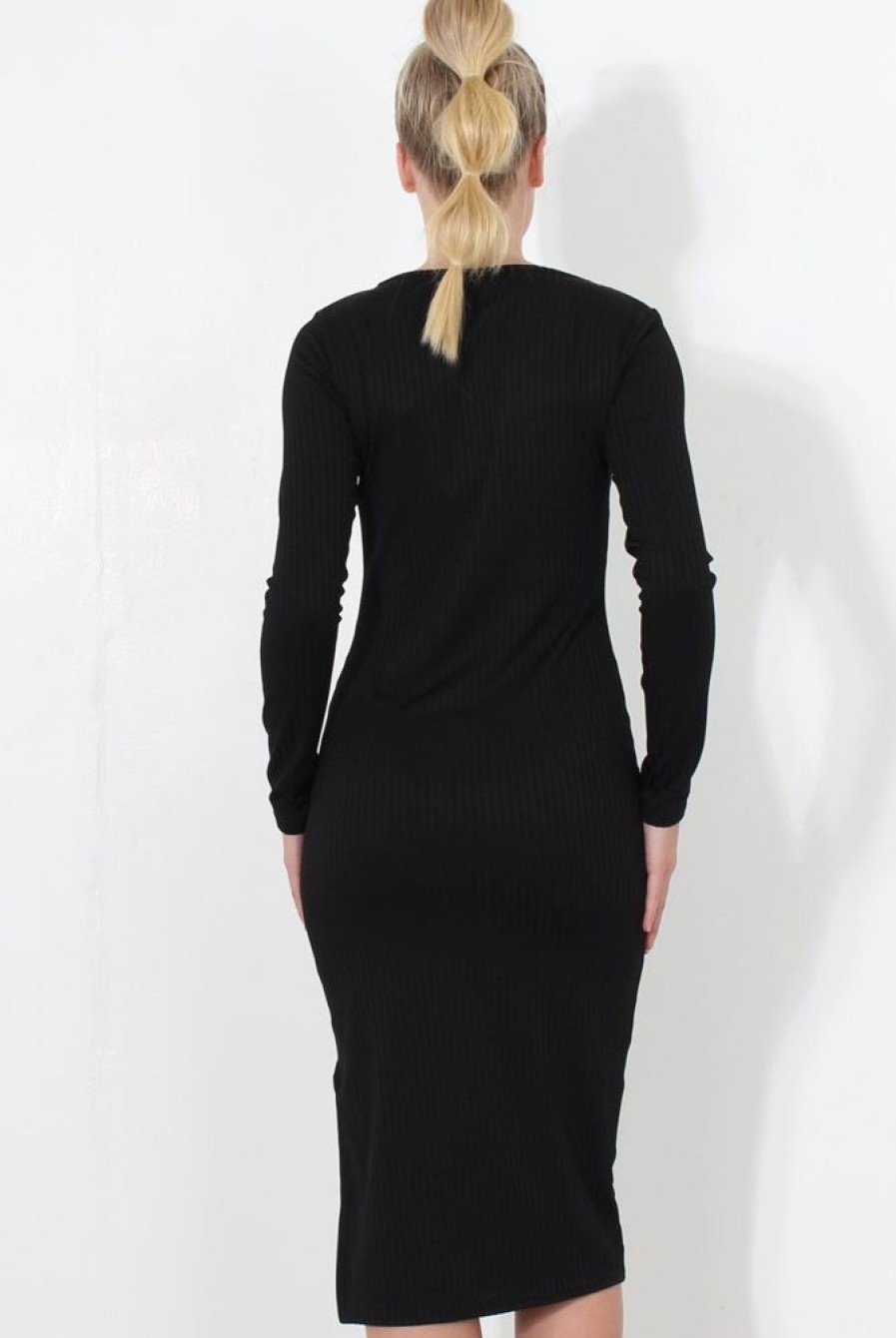 Clothing Rebellious Fashion | Black Ribbed Zip Front Midi Dress- Kacee