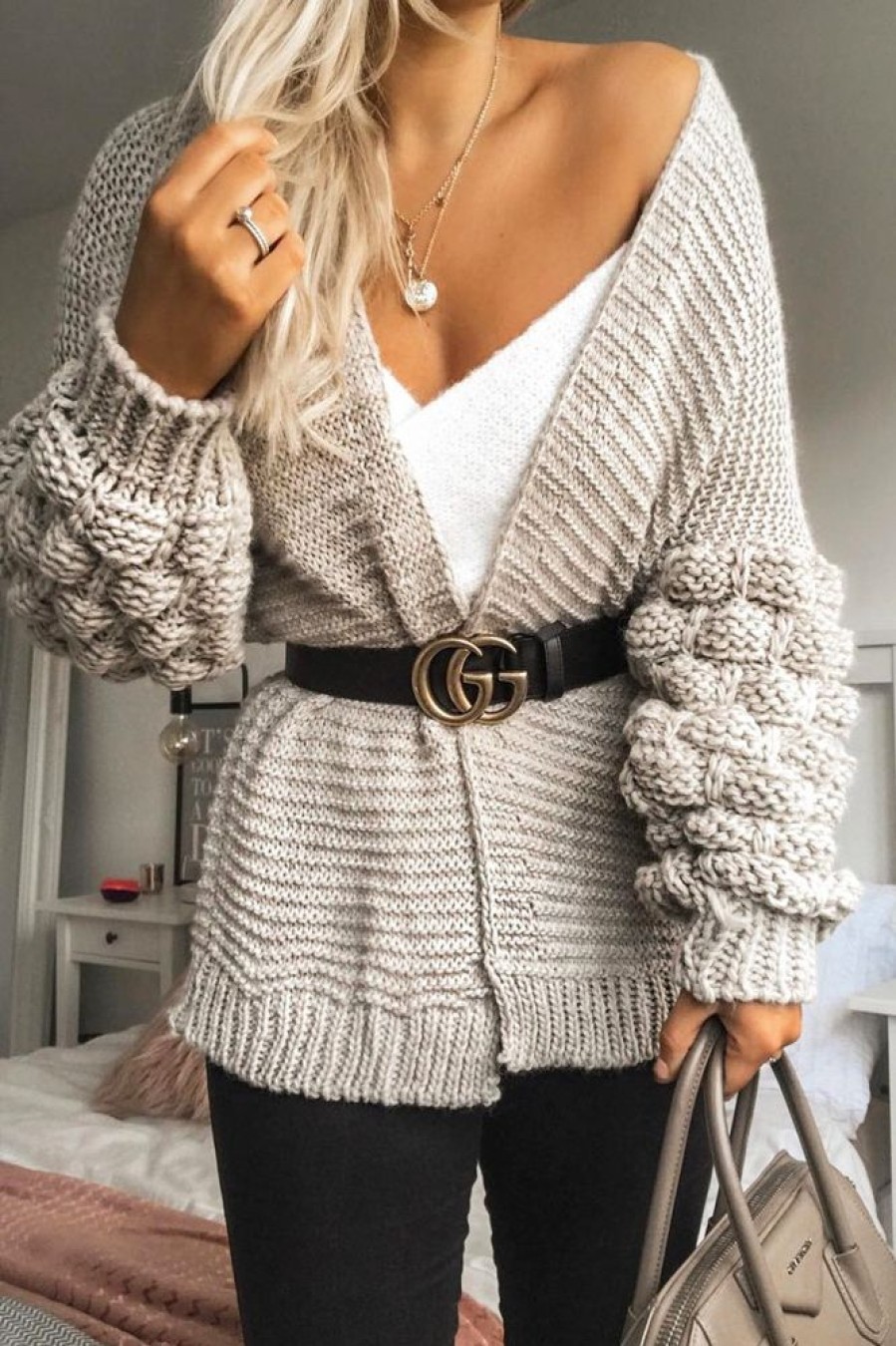 Clothing Rebellious Fashion | Beige Chunky Knit Oversized Cardigan - Eaden