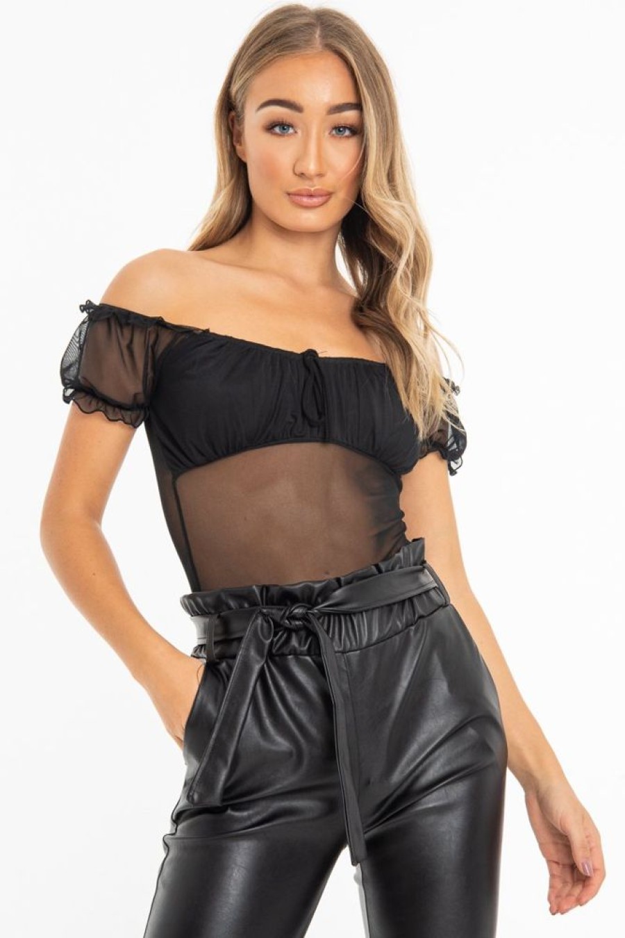 Clothing Rebellious Fashion | Black Mesh Puff Sleeve Tie Front Bodysuit - Suki