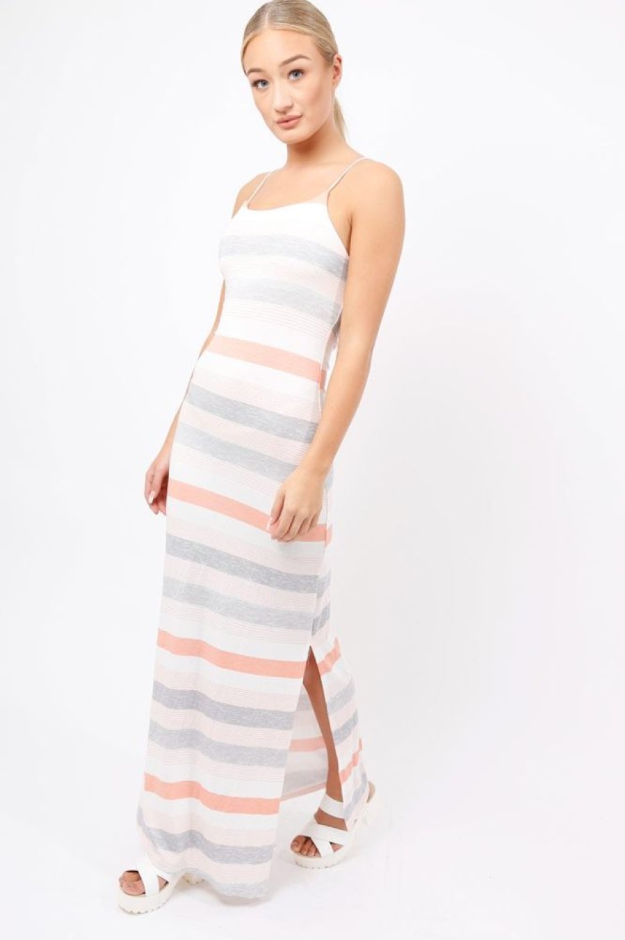 Clothing Rebellious Fashion | Coral & Grey Striped Maxi Dress - Kiah