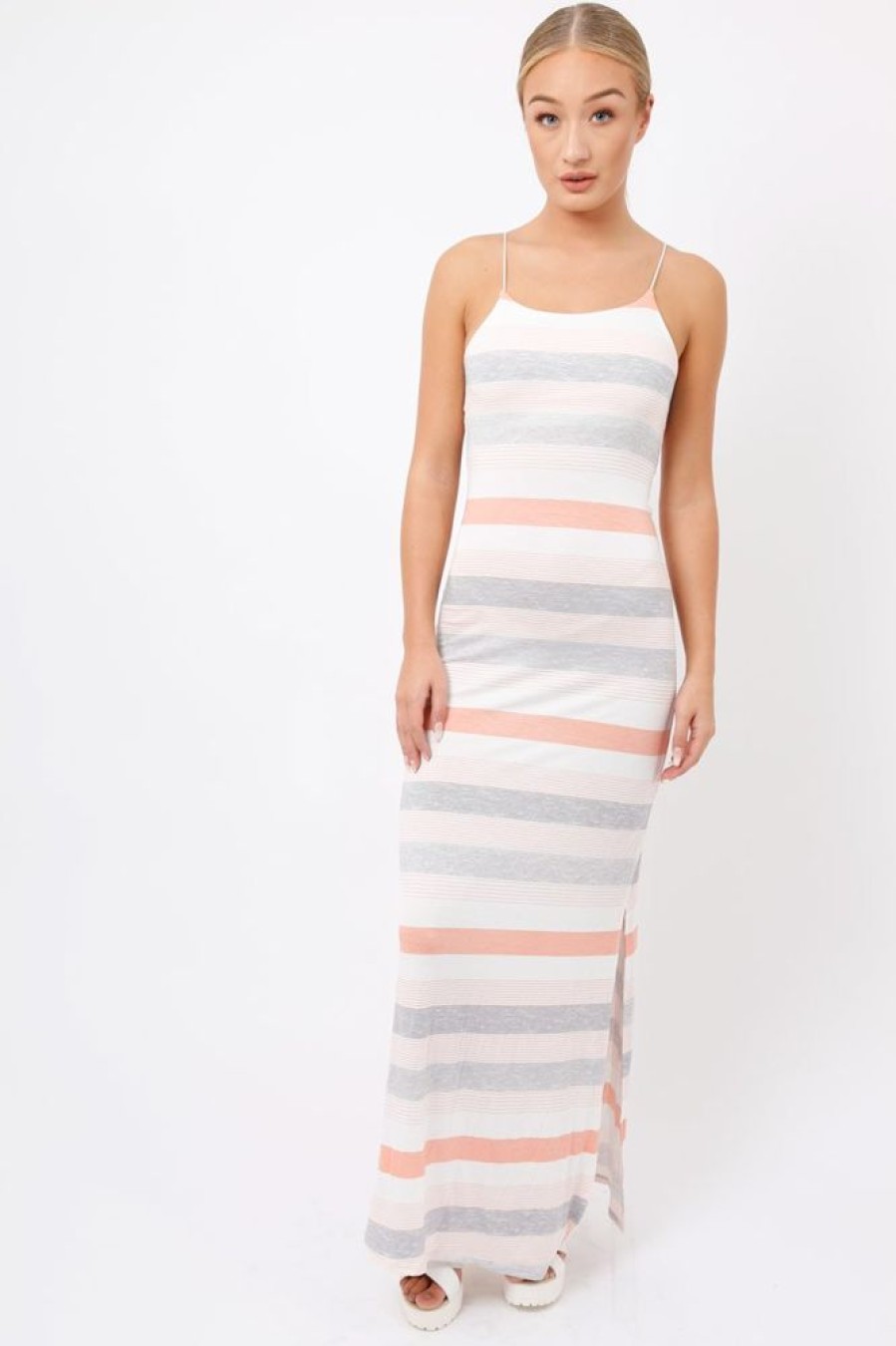 Clothing Rebellious Fashion | Coral & Grey Striped Maxi Dress - Kiah