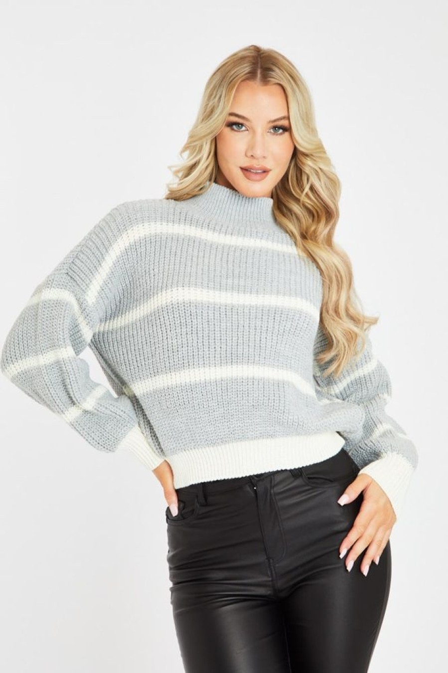 Clothing Rebellious Fashion | Grey Chunky Knit Striped Jumper - Pari