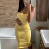 Clothing Rebellious Fashion | Yellow Satin Cowl Neck Midi Bodycon Dress - Liliana