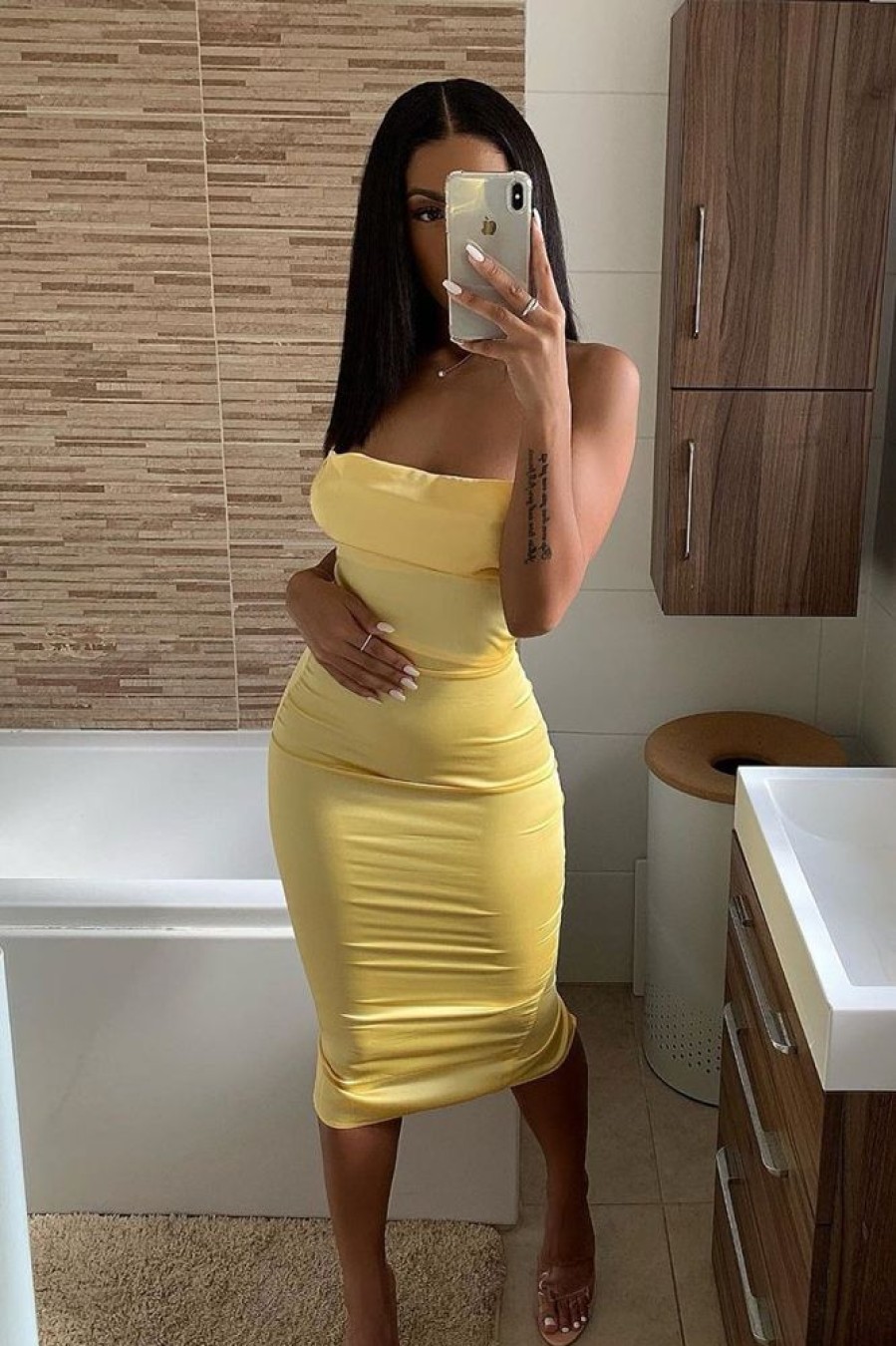 Clothing Rebellious Fashion | Yellow Satin Cowl Neck Midi Bodycon Dress - Liliana