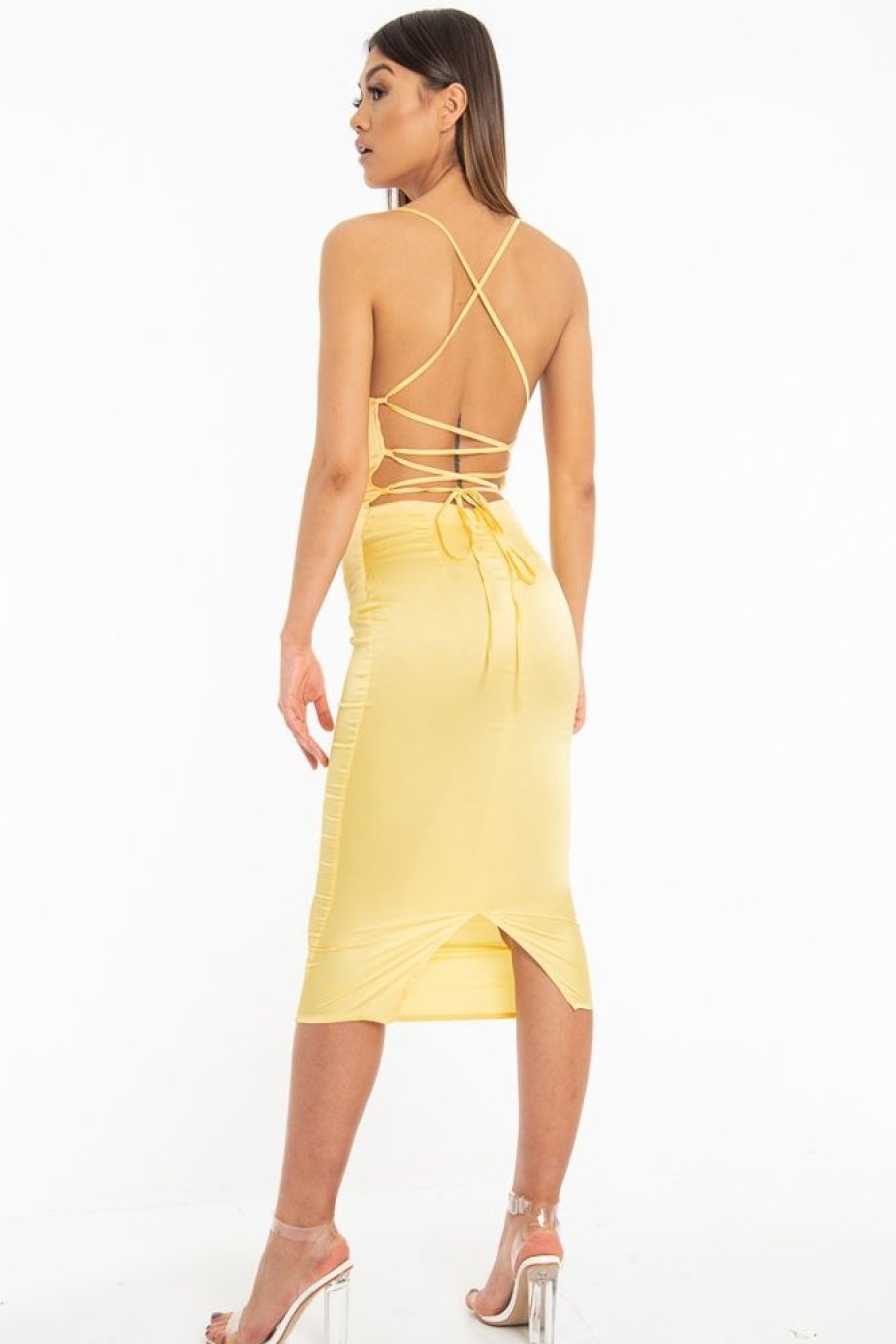 Clothing Rebellious Fashion | Yellow Satin Cowl Neck Midi Bodycon Dress - Liliana