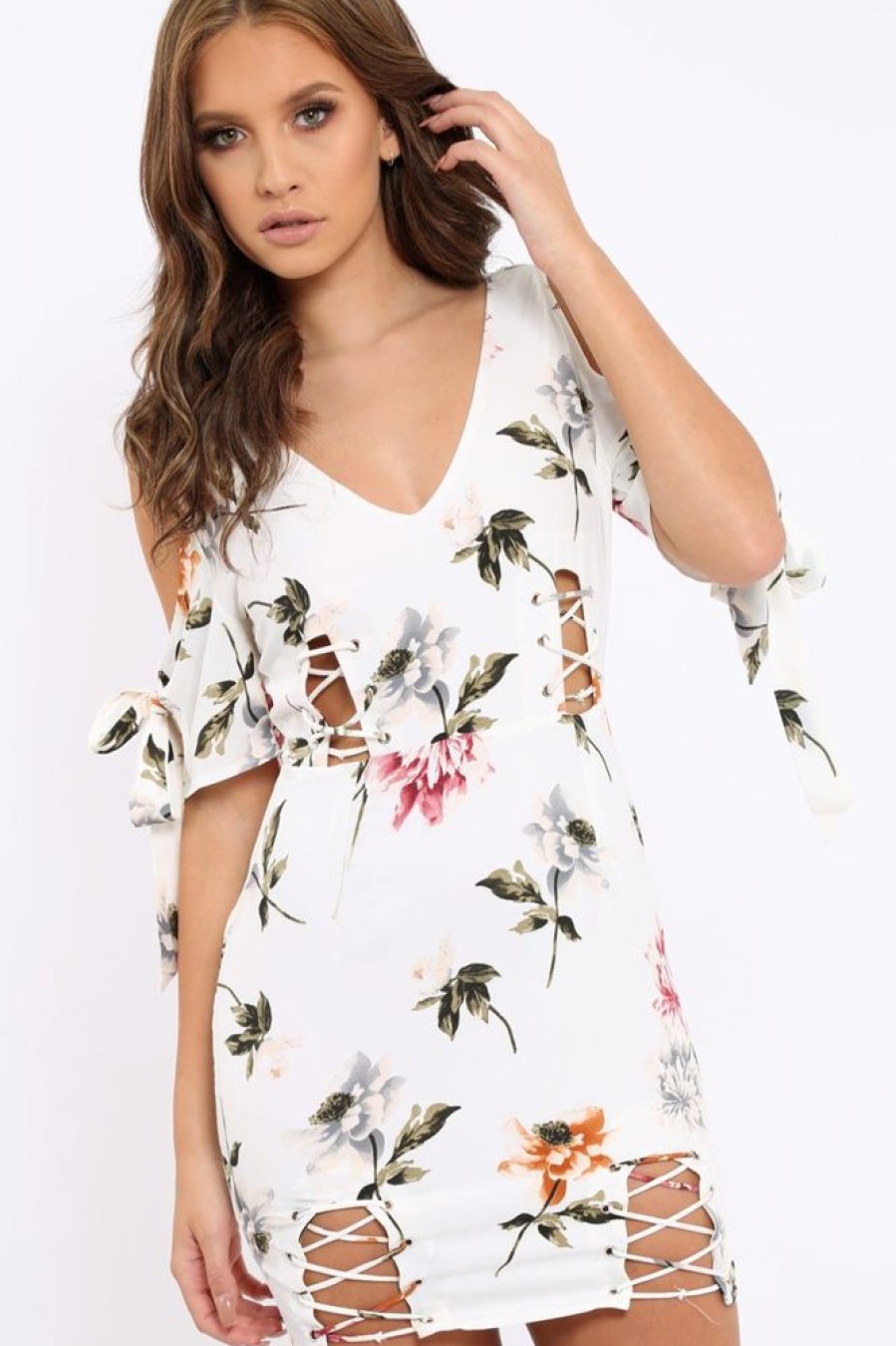 Clothing Rebellious Fashion | White Floral Cold Shoulder Lace Up Mini Dress - Roxina