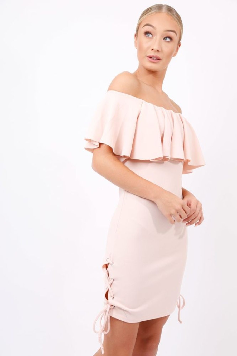 Clothing Rebellious Fashion | Nude Bardot Tie Up Eyelet Dress - Myra