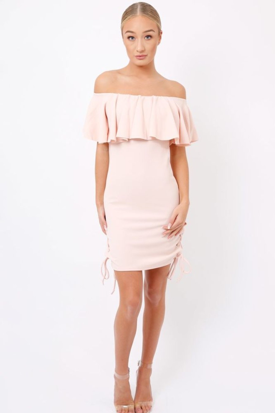 Clothing Rebellious Fashion | Nude Bardot Tie Up Eyelet Dress - Myra