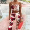 Clothing Rebellious Fashion | Cream And Red Floral Crop Top And Trousers Co-Ord Set - Kimmy