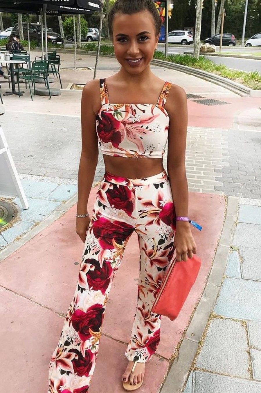 Clothing Rebellious Fashion | Cream And Red Floral Crop Top And Trousers Co-Ord Set - Kimmy