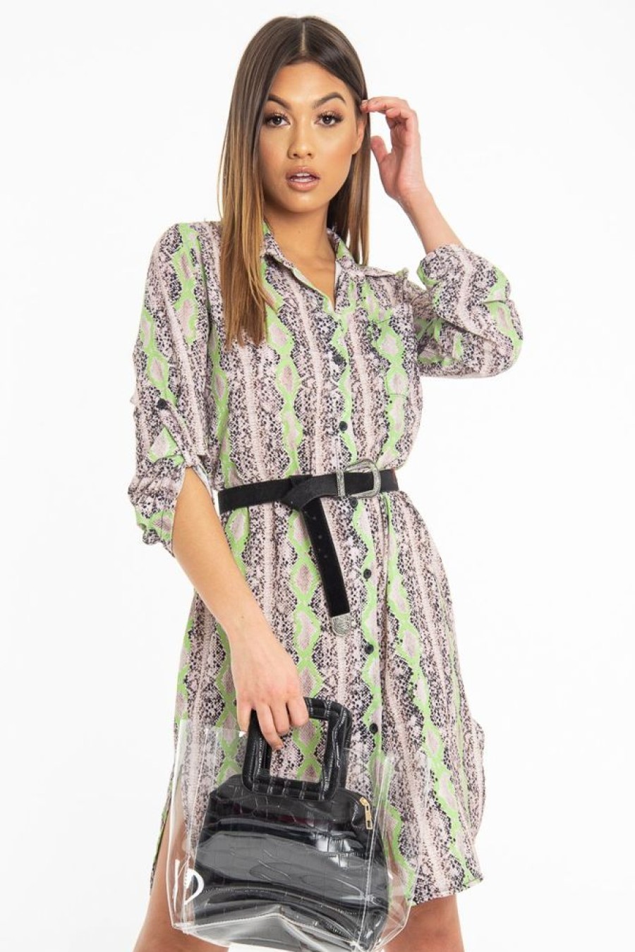 Clothing Rebellious Fashion | Lime Green Snake Print Oversized Shirt Dress - Joselynn