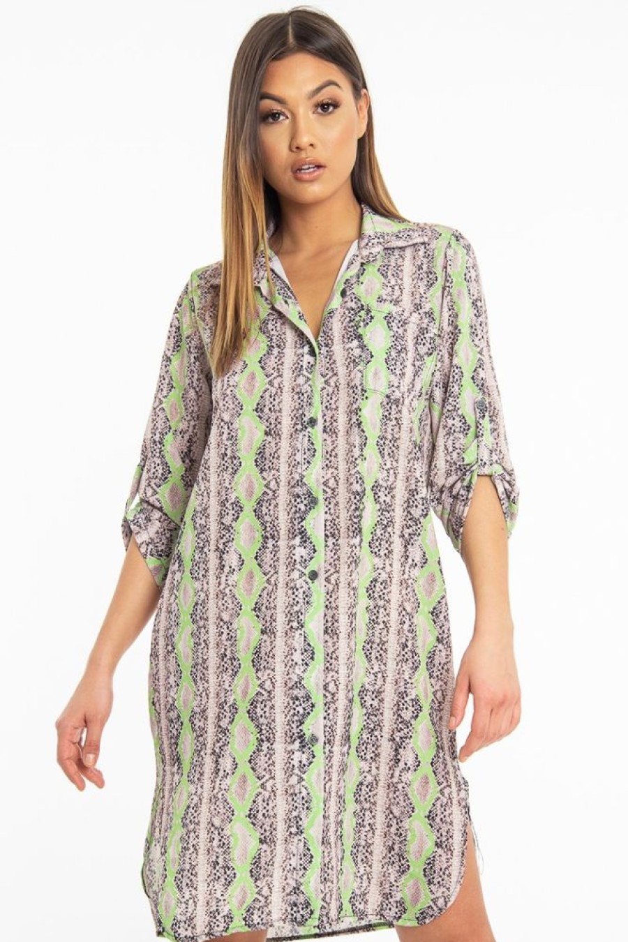 Clothing Rebellious Fashion | Lime Green Snake Print Oversized Shirt Dress - Joselynn